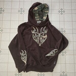 Vtg Y2K Silver Point Tribal Hoodie Pullover Youth M Camo Brown Womens Xs/S